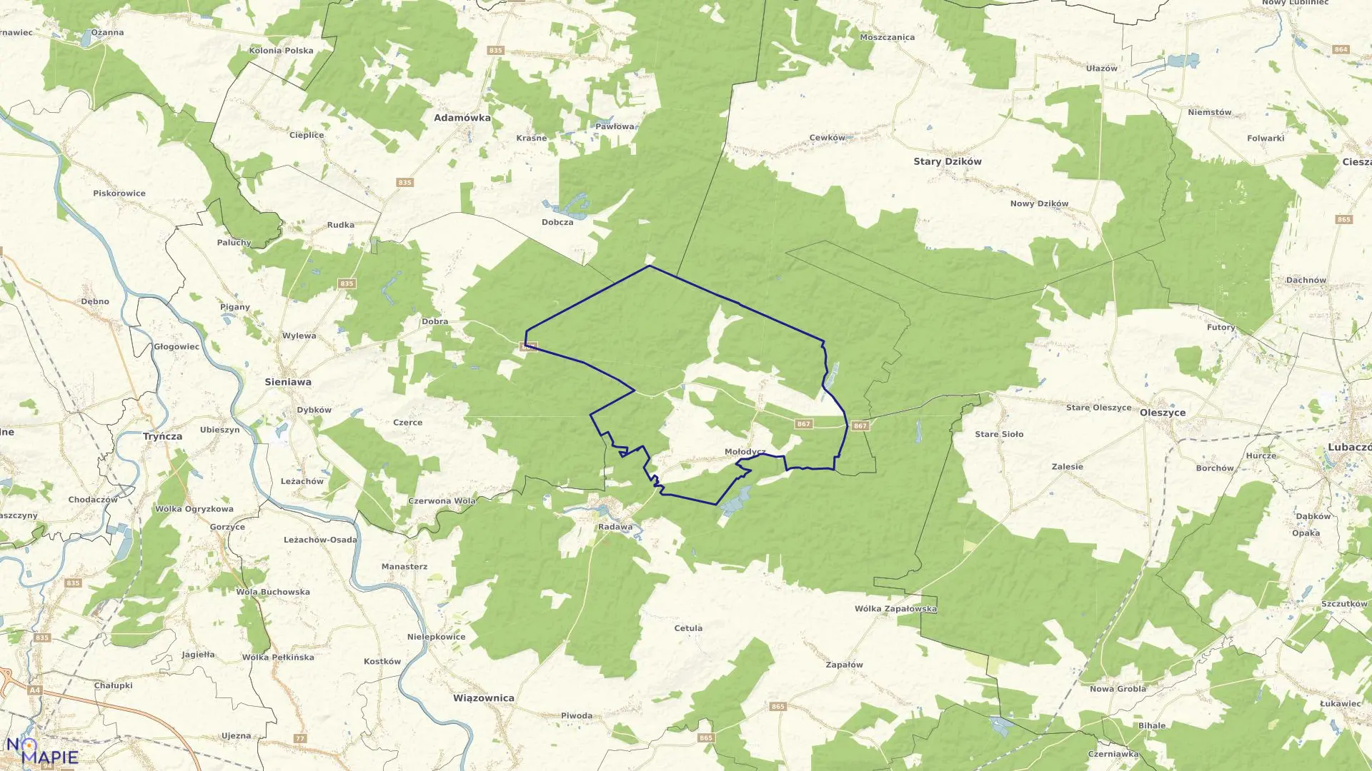 Mapa obrębu Mołodycz w gminie Wiązownica