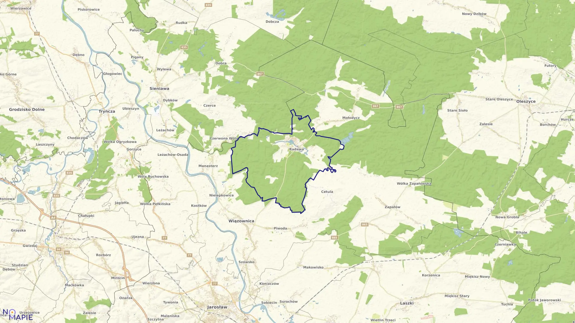 Mapa obrębu Radawa w gminie Wiązownica